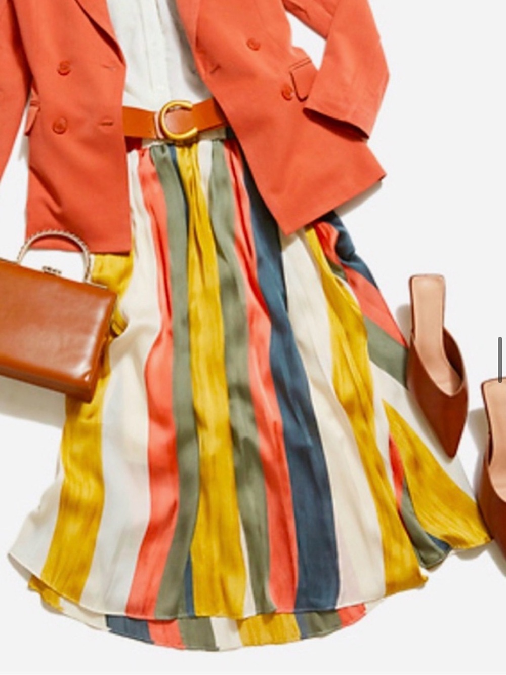 Mystree Vertical Striped Midi Skirt in Mustard, Coral, Olive & White
